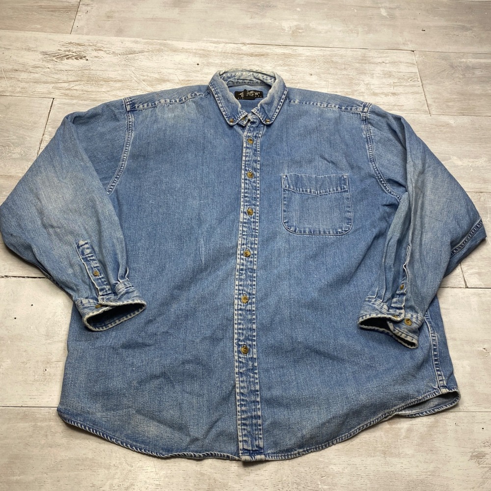 Eddie Bauer Denim Shirt Mens L Blue Cotton Long Sleeve Button Down Distressed